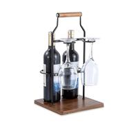 Portabottiglie da banco con manico, autoportante, può contenere 2 bottiglie e 2 bicchieri a stelo, porta bottiglia di vino portatile e porta bicchieri con base in legno, per casa, bar, cucina, sala da