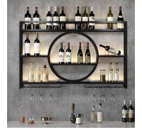 Portabottiglie da parete a 3 ripiani, in metallo, per liquori e bicchieri, con luce LED, perfetto per cucina, sala da pranzo, bar, colore nero, 100 x 15 x 80 cm
