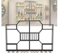 Portabottiglie da parete a LED con supporto per bicchieri, mensola in metallo per bottiglie di vino, espositore da bar galleggiante per casa e bar, grande, 200 x 130 x 20 cm, finitura nera