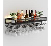 Portabottiglie da parete con lampade e mensola per supporto, supporto per bicchieri da vino, montaggio a parete, portabicchieri da vino industriale con portabicchieri da vino (nero 120 x 35 cm)