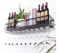 Portabottiglie da parete e porta bicchieri in metallo, organizer per 8 bottiglie e calici, nero, 80 cm