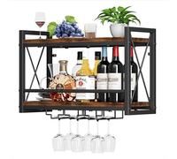 Portabottiglie da parete for bottiglie e bicchieri, portabottiglie retrò in legno e metallo a 2 livelli, ripiani di diverse dimensioni, espositore da parete for bottiglie di vino(60*20*42.8CM)