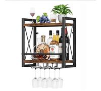 Portabottiglie da parete for bottiglie e bicchieri, portabottiglie retrò in legno e metallo a 2 livelli, ripiani di diverse dimensioni, espositore da parete for bottiglie di vino(40*20*42.8CM)
