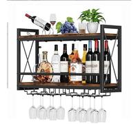 Portabottiglie da parete for bottiglie e bicchieri, portabottiglie retrò in legno e metallo a 2 livelli, ripiani di diverse dimensioni, espositore da parete for bottiglie di vino(80*20*42.5CM)