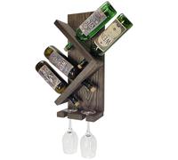 Portabottiglie da parete in legno con portabicchieri per 4 bottiglie e 2 calici, mensola vino sospesa, cantinetta rustica da muro per cucina salotto bar, decorazione marrone chiaro 52x20x12 cm