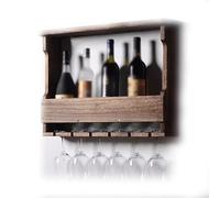 Portabottiglie da parete in legno massello con ripiano per bicchieri marrone, 60 x 12 x 44 cm, elegante e sicuro, espositore per vino e calici