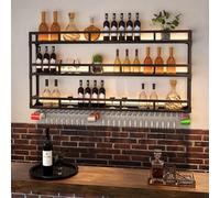 Portabottiglie da parete in metallo con portabicchieri a 3 livelli, contenitore verticale industriale per bottiglie di vino per mobili da bar (dimensioni: 150 cm)