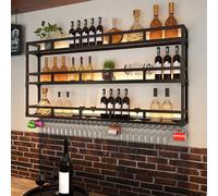 Portabottiglie da parete in metallo con portabicchieri, multifunzione, espositore per bottiglie, perfetto per cucine e sale da pranzo (nero, 80 x 90 cm)