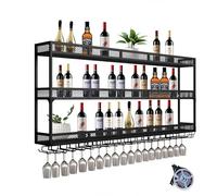 Portabottiglie da parete in metallo da 119 cm, con luci a LED, 3 ripiani, per bottiglie di liquori e calici, espositore per casa, bar o cantina, nero