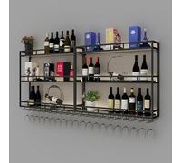 Portabottiglie da Parete Industriale con luci a LED - Grande mensola sospesa in Metallo per riporre liquori e Bicchieri - Elegante Organizer per Bar, Cucina e caffetteria (200x86x20 cm, Nero
