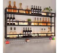 Portabottiglie da parete industriale decorativo con supporto per bicchieri, supporto per bottiglie in metallo, organizer multifunzionale per la conservazione del vino (nero, 120 cm)