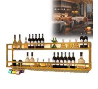 Portabottiglie da parete, mensole galleggianti per vino con gancio per calici, struttura in metallo per esporre bevande, portabottiglie da appendere per cucina, bar, sala da pranzo, oro, 150 x 20 x