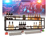 Portabottiglie da parete, mensole galleggianti per vino con gancio per calici, struttura in metallo per esporre bevande, portabottiglie da appendere per cucina, bar, sala da pranzo, nero, 120 x 20 x