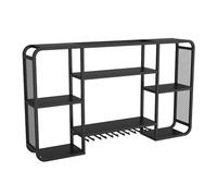 Portabottiglie da parete per bottiglie e bicchieri, in metallo, con supporto per bicchieri, multifunzione, per bar e cucina (nero, 100 x 70 cm)