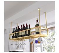 Portabottiglie da soffitto capovolto, Portabottiglie da soffitto in metallo regolabile con portabicchieri e ripiano multicolore 60-120x25x21cm(Gold,60x25x21cm)