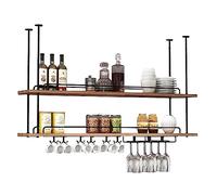 Portabottiglie da soffitto industriale, ripiani sospesi a 2 livelli, spaziatura regolabile, con corrimano, scaffale in legno massello per bar da cucina (colore: nero, dimensioni: 100x30x80 c