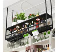 Portabottiglie da soffitto, mensole galleggianti per unità bar, portabottiglie capovolto con porta calici, portabottiglie sospeso con braccio, per casa, ristorante, bar (dimensioni: 120 * 30
