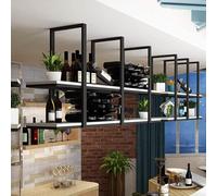 Portabottiglie galleggiante a doppio strato in stile europeo in legno massiccio per ristorante/bar/soggiorno con scaffale per piante in ferro battuto nero per casa e cucina.