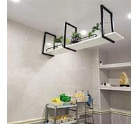 Portabottiglie in ferro battuto con supporto per piante in legno massello, 1 ripiano da appendere al soffitto per bar e cucina, facile da installare, espositore galleggiante per bottiglie e piante