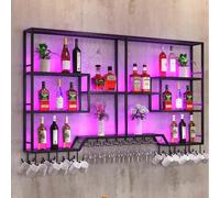 Portabottiglie in metallo Montate con luce a LED, scaffale a barre, rastrelliere, ripiani galleggianti con supporto in vetro sospeso, scaffali di liquori, scaffali a parete, portabicchieri, per