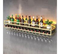 Portabottiglie industriale da parete con luci e porta bicchieri, mensole da bar, in metallo, mensola sospesa rustica, scaffale sospeso per soggiorno e cucina (oro, 60 x 30 cm)