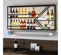Portabottiglie industriale - Grande porta bottiglie di vino in ferro da parete e porta bicchieri con luci a LED, moderno ripiano in metallo per cucina, bar, caffè (nero, lato sinistro 100 cm)