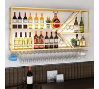 Portabottiglie industriale - Grande porta bottiglie di vino in ferro da parete e porta bicchieri con luci a LED, moderno ripiano in metallo per cucina, bar, caffè (oro, lato sinistro, 100 cm)