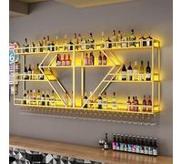 Portabottiglie industriale in ferro a 2/3 ripiani con luce a LED, multifunzione, in metallo, facile da installare, supporto da parete per cucina e bar (oro)