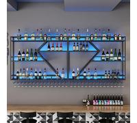 Portabottiglie industriale in ferro a 2/3 ripiani, in metallo, con luce LED, facile da installare, supporto per vino da parete per cucina e bar (nero)