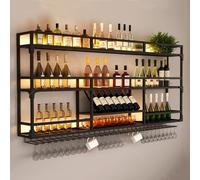 Portabottiglie industriale in metallo con luce LED, portabottiglie da parete e supporto per bicchieri, elegante mensola per vino, per cucina, cantina o bar, decorazione perfetta per la casa