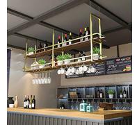 Portabottiglie industriale in metallo da appendere, a 2 ripiani, per bottiglie e bicchieri, elegante mensola per vino, decorazione per casa, bar, caffetteria, cucina (oro, 200 x 30 x 80 cm)