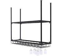 Portabottiglie industriali da parete con supporto in vetro/2 ripiani supporto per bottiglie da parete/portabottiglie di vino/portabottiglie da appendere in metallo rustico (dimensioni: 150 x 35 x 80