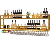 Portabottiglie Porta Bottiglie di Vino da Parete con Portabicchieri Cantinetta Vino con Luce Scaffale da Parete Mensole Cucina Angolo Bar per Casa Mobile Bar (Size:2 LAYERS_150CM(59.05IN),Color:oro)