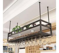 portabottiglie Portabottiglie di vino Portabottiglie di vino appeso con 2 luci Portabottiglie di vino a soffitto Portabottiglie di vino appeso industriale regolabile Decorazione (Colore: Ner