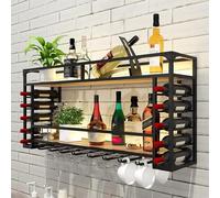 Portabottiglie rustico da parete con luci, armadietto industriale in metallo per liquori, montaggio a parete, scaffale in legno a 2 ripiani, mensole galleggianti, espositore decorativo per bar casa