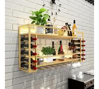 Portabottiglie rustico da parete con luci, armadietto industriale in metallo per liquori, montaggio a parete, 2 ripiani in legno, mensole galleggianti, decorazione per bar, casa, cucina (oro, 80 x 25