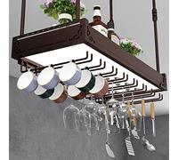 Portabottiglie rustico da soffitto con porta bicchiere e barra regolabile per appendere il vino, finitura bronzata, 120 x 30 cm