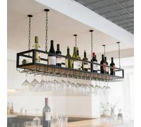 Portabottiglie Sospeso Con Supporto Per Bicchieri, Portabicchieri Da Soffitto In Metallo, Binari Per Bicchieri Sotto Il Ripiano, Ripiano In Legno E Catena Regolabile In Altezza, Per Bar, Caffè,