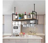 Portabottiglie sospeso, porta bottiglia del soffitto in metallo, supporto per il vino per il display vintage con scaffale in vetro per mobili, cucina, bar, nero, nero, 80 x 30 x 60 cm Made in China