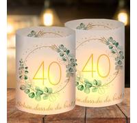 Portacandela da tavolo per il 40° compleanno - Happy Birthday Decorazione per donne e uomini, adatto per lumini o candele con "Schön dass Du Da Bist" ed eucalipto