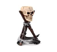 Portacandela - Teschio su Treppiede di Falce - Scultura in Resina Ornamentale - Statuetta Accessorio Gotico per Casa e Halloween