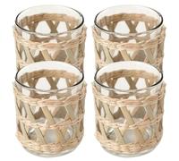 Portacandele Boho da 4 pezzi, portacandele in rattan da 3, 2x2, 8x2, 8 pollici con tazze di vetro, alghe marine naturali costiere intrecciate a mano per tavolo da pranzo da cucina, in ratta