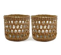 Portacandele in rattan naturale intrecciato, decorativo, rustico, vintage, in alghe marine, per tavolo da pranzo, cucina, vassoio da portata, confezione da 2