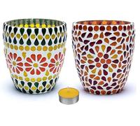 Portacandele in vetro colorato mosaico Ø 9 h. 10 cm. adatto a lumi candele votive o luce led - lumino profumato in omaggio (rosso/giallo)