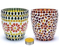 Portacandele in vetro colorato mosaico Ø 9 h. 10 cm. adatto a lumi candele votive o luce led - lumino profumato in omaggio (verde/giallo)