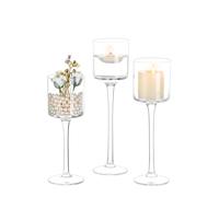 Portacandele in vetro per centrotavola da tavolo, portacandele alto, elegante portacandele trasparente a stelo lungo per candele a pilastro, portacandele galleggianti per matrimoni, feste, decorazioni
