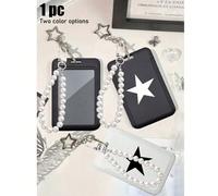 Portacarte con ciondolo a stella bianco e nero, ciondolo con perla, design a pentagramma, può essere usato come charm per borse, portachiavi, contiene ID, carte di credito, foto, tessere, funzione pro