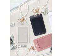 Portacarte nero/bianco/rosa con ciondolo a forma di cuore e catena con perle finte, può essere usato come decorazione per borse, portachiavi, contiene tessere di identità, tessere di iscrizione, foto,