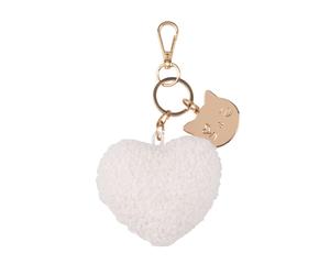 Portachiavi a forma di cuore in tessuto bouclé color crema e gatto dorato