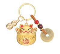 Portachiavi a forma di gatto portafortuna con monete Feng Shui e nappa rossa
